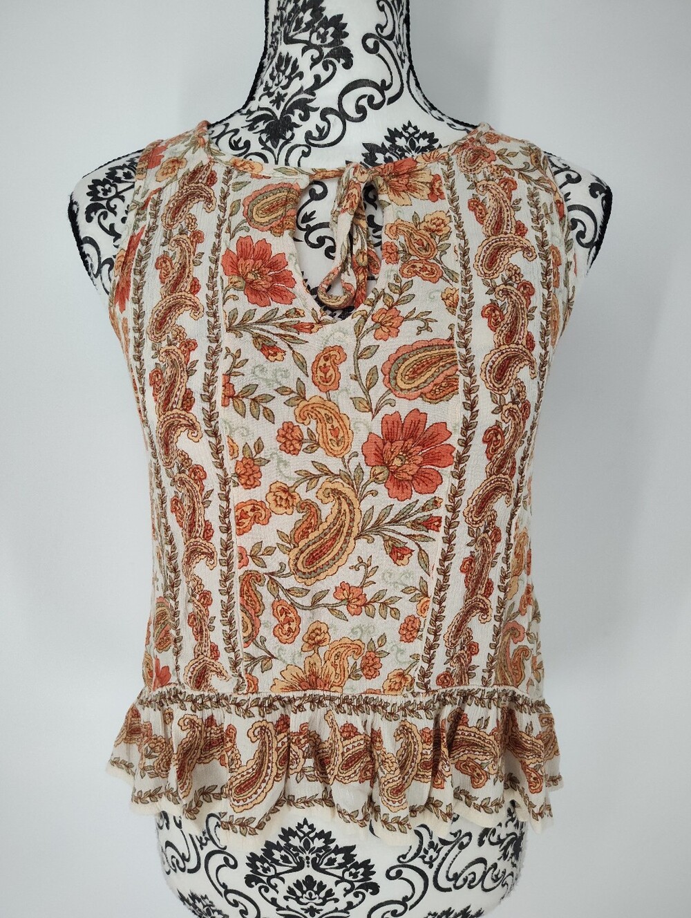 Patrons of Peace Cream Paisley Sleeveless Tank with Rust and Sage Floral Sz X Sm